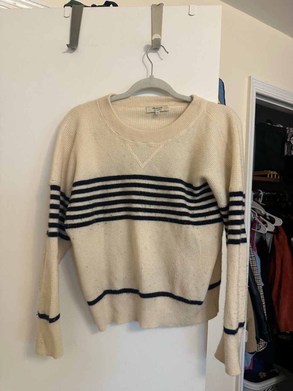 Madewell Cream Crewneck Sweater with Navy Stripes
